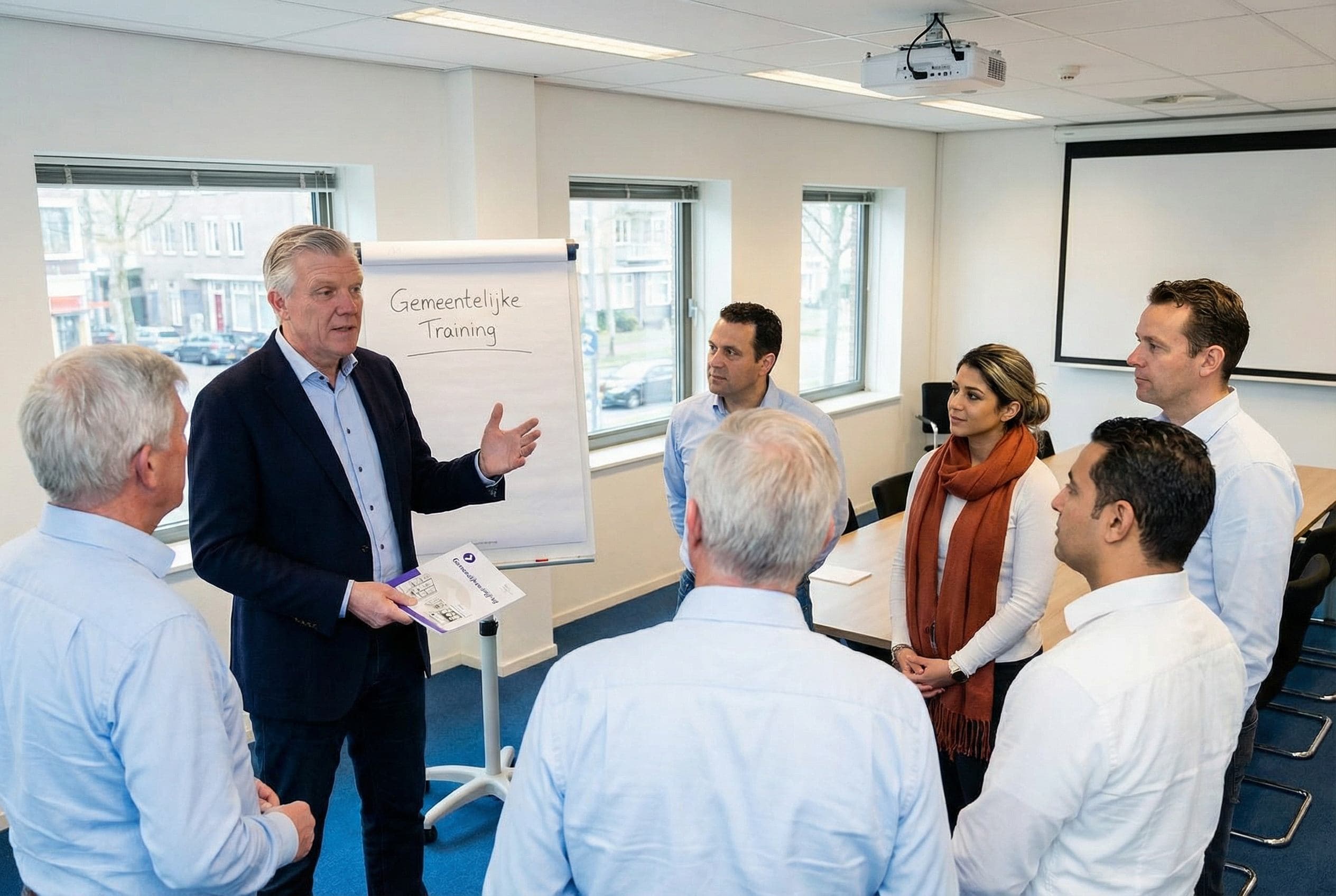 Stephan geeft een gemeentelijke training aan een groep professionals